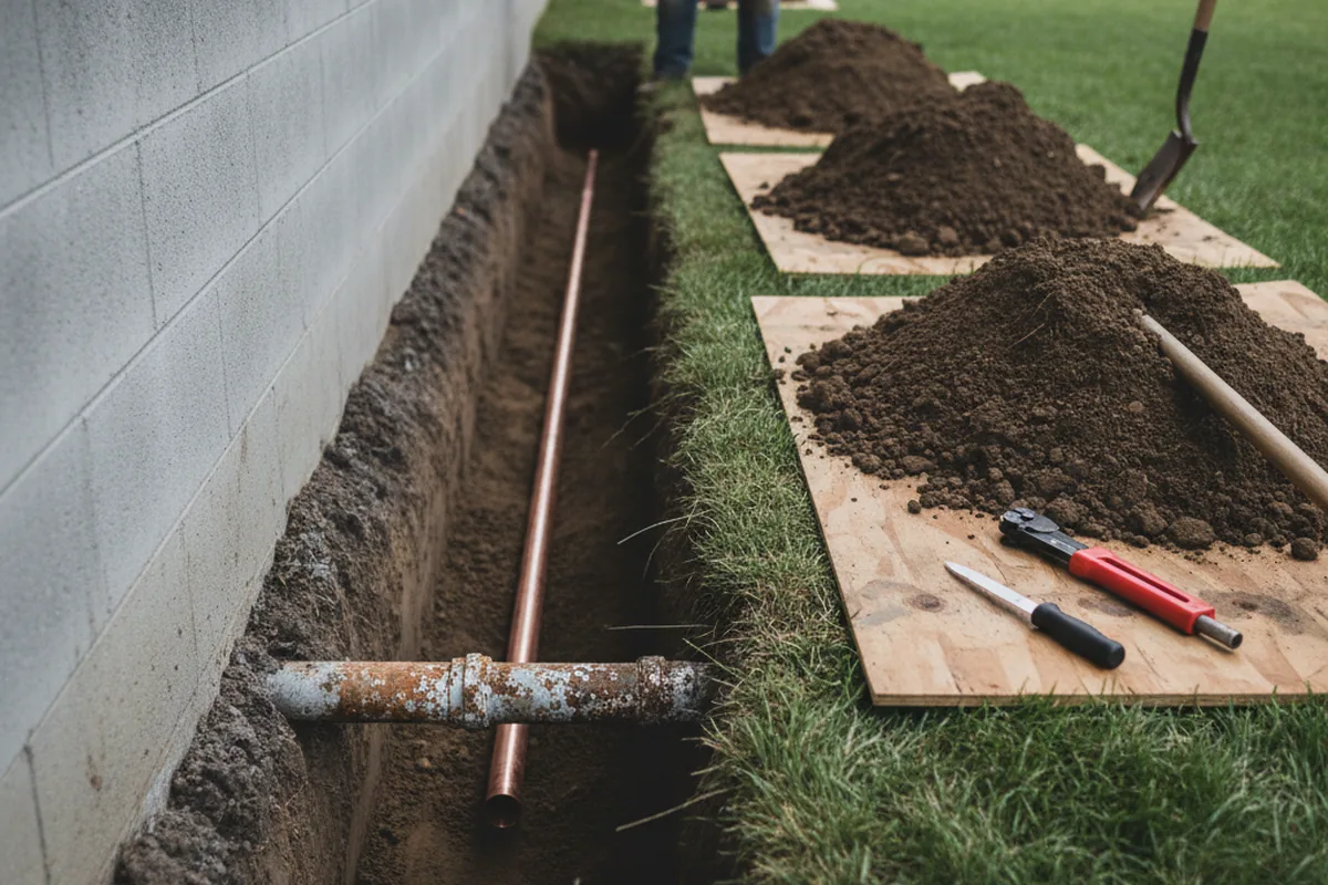 Excavated water line trench during Water Softener Installation in Southern Pines